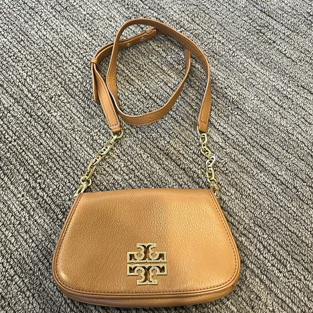 Tory Burch camel color leather crossbody bag